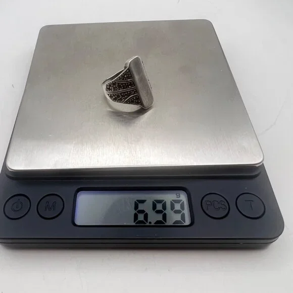 Vintage Sterling Silver Marcasite Signet Ring Size 7.75 925 Statement 6.99g LOOK - Picture 5 of 15